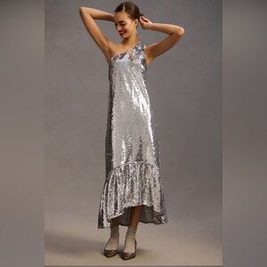 One shoulder silver sequin high-low dress, size M